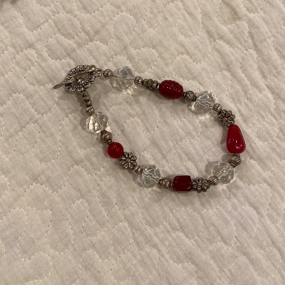 Bracelet silver tone and red beads